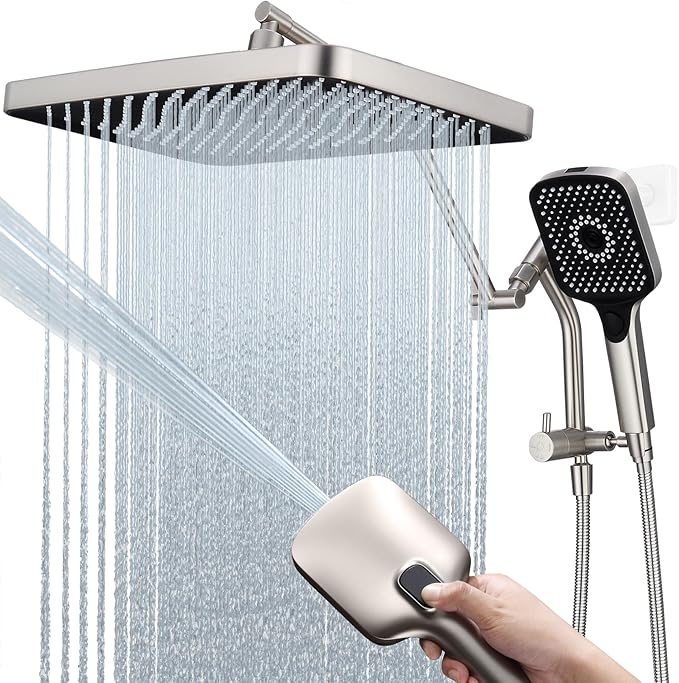 13-Inch Shower Heads with Multi-Function Handheld Sprayer Combo, 3-Way Metal Extended Diverter with Holder and Metal Adjustable Shower Extension Arm, Extra Long Hose