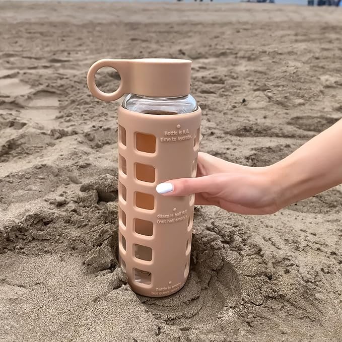 purifyou 40oz / 32oz / 22oz / 12oz Borosilicate Glass Water Bottle with Time & Volume Markers, Silicone Sleeve, Stainless Steel Lid | Reusable Glass Bottle for Water & Juice (12oz Hazelnut)