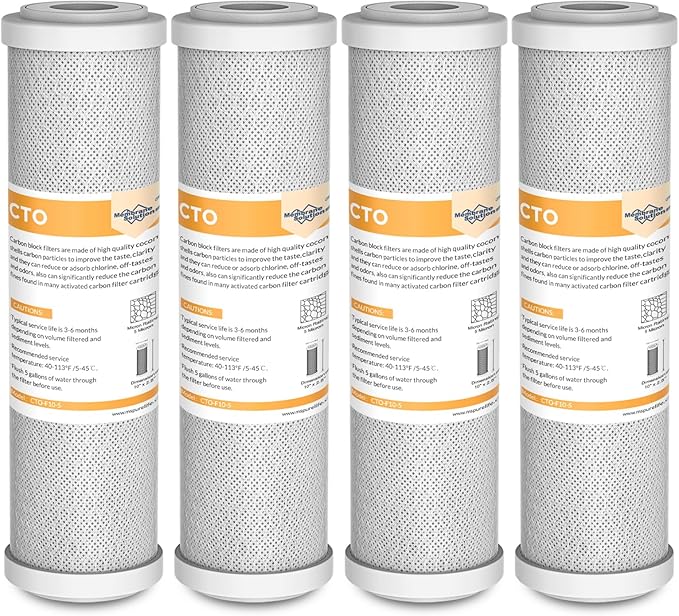 Membrane Solutions 5 Micron 2.5" x 10" CTO Carbon Block Water Filter Cartridge Replacement for Whole House Filtration Systems, Compatible with WFPFC8002, WFPFC9001, FXWTC, WHKF-WHWC, 4-Pack