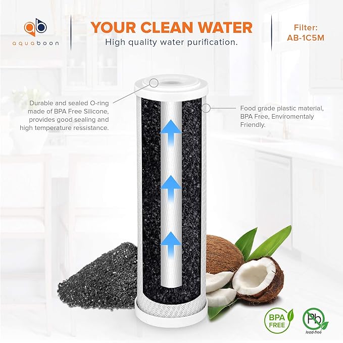 Aquaboon 5 Micron 10 x 2.5 Carbon Block Water Filter Cartridge CTO Whole House Water Filter Replacement Compatible with WHKF-WHWC, FXWTC, 2-PACK