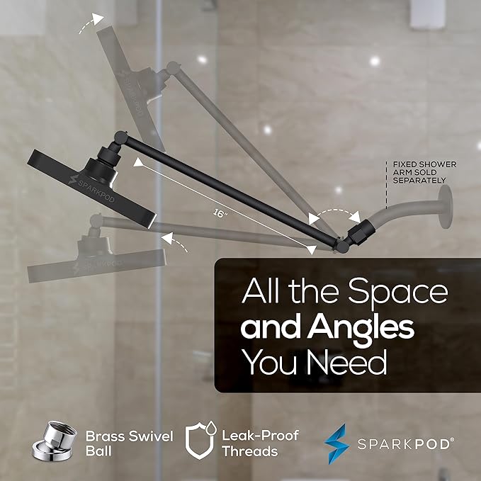 SparkPod Square Rain Shower Head with Shower Head Extension Arm - High Pressure Rain - Luxury Modern Look - No Hassle Tool-less 1-Min Installation (16" Shower Arm Extension, Midnight Black Matte)