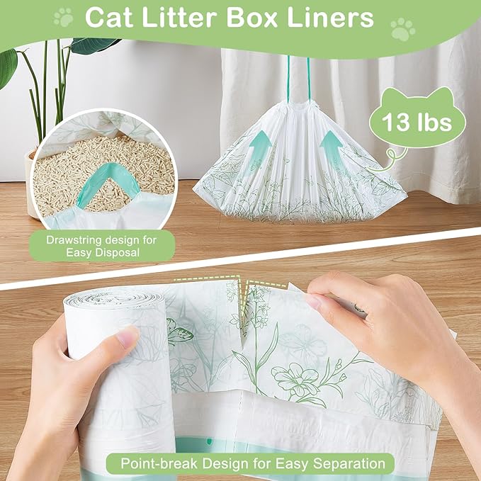 Glittme Cat Litter Box Liners, 120 Count Large Capacity Cat Litter Bags for Automatic Litter Robot 3/4, Thick Cats Kitty Litter Bags with Drawstring