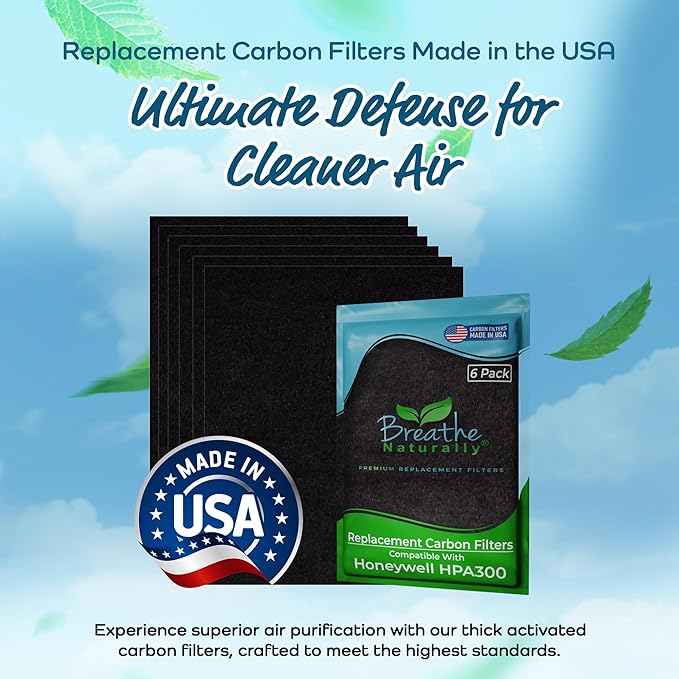 Breathe Naturally "R" Replacement Filters Compatible with Honeywell Air Purifier HPA300 or HRF-R3 Series - Activated Carbon Prefilter - Made in USA - 14"x17.2"x0.2" (Pack of 6 Carbon Prefilters)