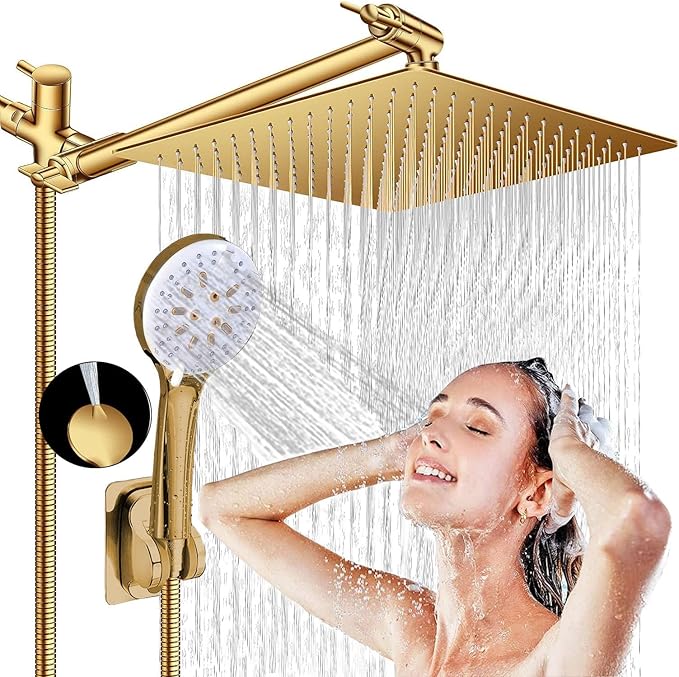 Shower Head, 8" High Pressure Rain shower head with Handheld Spray Combo, 6 Settings Handheld with 78" Anti-leak Hose, 11" Adjustable Extension Arm, Ultra Thin Water Saving, Gold, AWAXFOLO