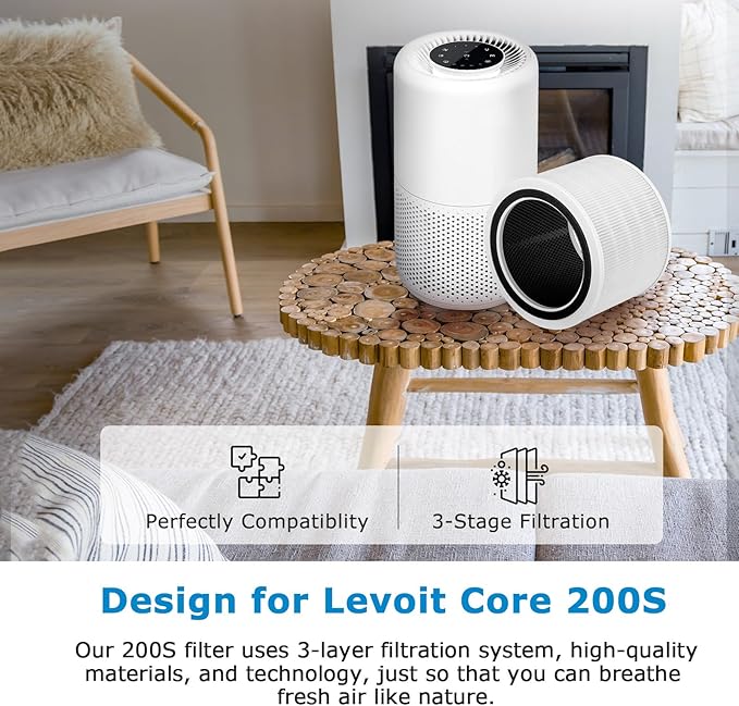 Core 200S Replacement Filter for LEVOIT Core 200S Smart WiFi Air PuriFier, 3-in-1 HEPA Filtration High-Efficiency Activated Carbon Pre-Filter, Core 200S-RF, 3 Pack