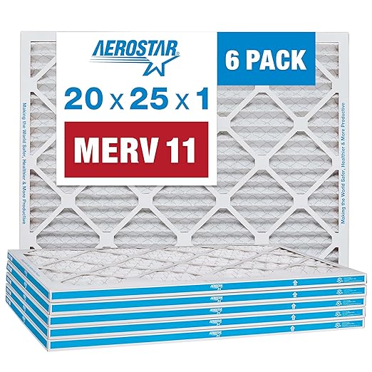 Aerostar 20x25x1 MERV 11 - 6 Count - Pleated HVAC, Furnace & Air Conditioner Filters - Removes Dust, Cold & Flu Germs, Lint, Mold, Pet Dander, Allergy-Causing Pollen, Smog & Smoke