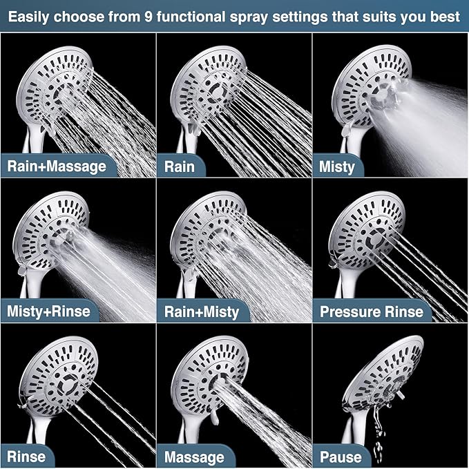 BRIGHT SHOWERS 9 Spray Settings Shower Head with Handheld High Pressure Chrome Hand Held Showerhead with 60 Inch Stainless Steel Hose and Adjustable Overhead Bracket