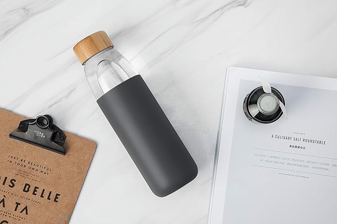 veegoal 25 Oz Borosilicate Glass Water Bottles with Bamboo Lid, BPA-FREE, Non-Slip Silicone Sleeve, and Stainless Steel Leak Proof Lid - Reusable Glass Bottle for Men and Women