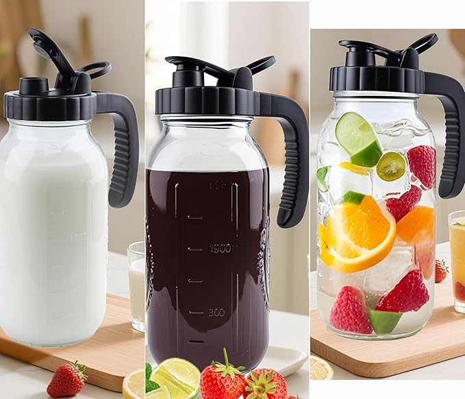 2 Quart Glass Mason Jar Pitcher With Lid 2 Set 64 Oz Wide Mouth Cold Hot Water Pitcher Half Gallon Sun Tea Coffee Jug Carafe For Fridge Lemonade, Beverage,Milk,Juice, Cold Brew Iced Tea Container