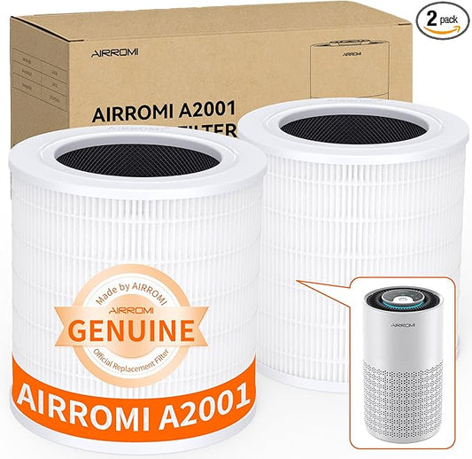 AIRROMI A2001 HEPA Air Purifier Replacement Filter, 3-In-1 Original Filter, Remove 99.97% of 0.3 Micron Particle 2 Pack White Activated Carbon