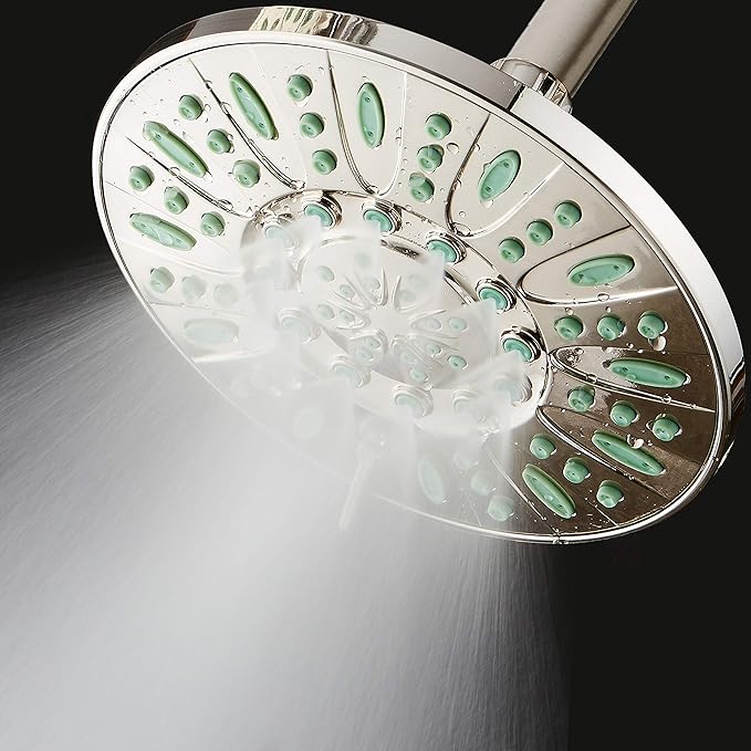 AquaDance 7-inch 6-Setting Rainfall Showerhead with Anti-Microbial Microban Protection from Mold, Mildew, and Bacteria - Clog-Free, Brushed Nickel Finish/Coral Green Jets