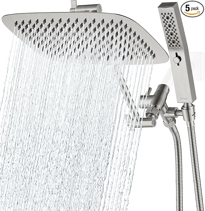 G-Promise All Metal 12 Inch Dual Square Shower Head with Handheld Spray Combo, Rain Shower Head, Adjustable Extension Arm, 3-Way Diverter, 71 Inch Extra Long Hose - A Bathroom Upgrade(Brushed Nickel)
