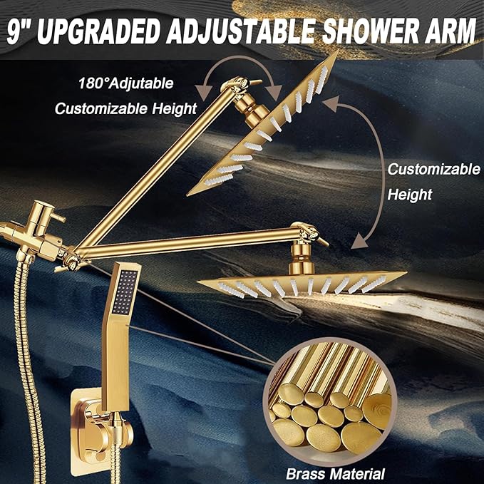 10'' Square Rain Shower Heads with Handheld, High Pressure Shower Head Combo with 11'' Adjustable Extension Arm, All Metal Shower Wand with 78'' Anti-Leak Shower Hose, 3 Way Diverter Valve, Gold