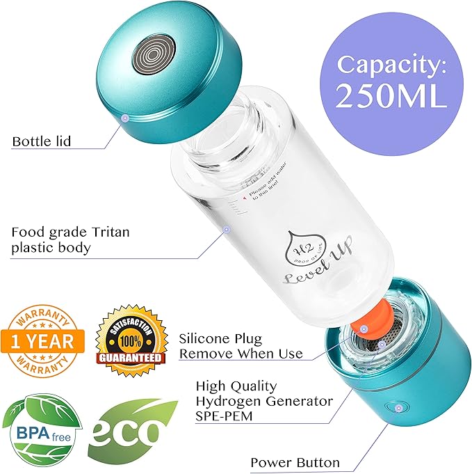 LevelUpWay 2025 Hydrogen Water Bottle Generator – Up to 2500 PPB Pure Hydrogen Water – Dual Chamber SPE PEM Technology – Blue – Enhanced Hydration Solution