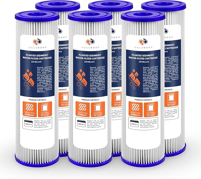 Aquaboon 20 Micron Pleated Sediment Filter Cartridge 10" x 2.5" Whole House Water Filter Replacement Compatible with WFPFC3002, WHKF-WHPL, 6-Pack