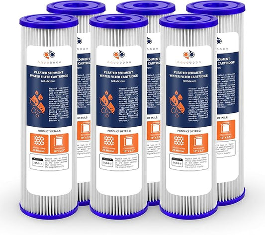 Aquaboon 20 Micron Pleated Sediment Filter Cartridge 10" x 2.5" Whole House Water Filter Replacement Compatible with WFPFC3002, WHKF-WHPL, 6-Pack