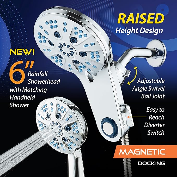AquaCare Magneton High-Pressure 48-mode Luxury 3-way Combo System with Magnetic Guidance Docking, Giant Rain & Handheld Shower Head, Hygienic Jets and 6 ft. Stainless Steel Hose, All Chrome Finish