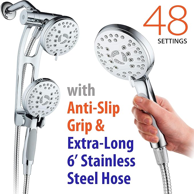 High Pressure 48-mode Luxury 3-way Combo with Adjustable Extension Arm – Dual Rain & Handheld Shower Head – Extra Long 6 Foot Stainless Steel Hose – All Chrome Finish – Top US Brand