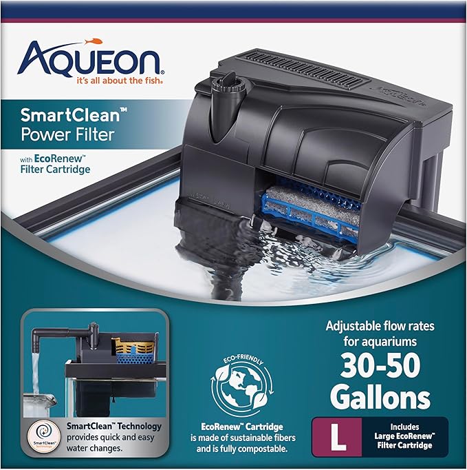 Aqueon SmartClean Power Filter with EcoRenew Filter Cartridge, Quick and Easy Water Changes, Quiet Operation, Adjustable Flow, for 30-50 Gallon Freshwater and Saltwater Aquariums, Large