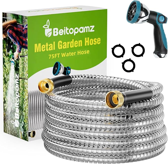 Garden Hose 75 ft, Stainless Steel Metal Water Hose 75 Feet with Nozzle, Flexible, Rust Proof, No-Kink, Heavy Duty, Leakproof 3/4 in Fittings, Lightweight Metal Hose, BT75S Model