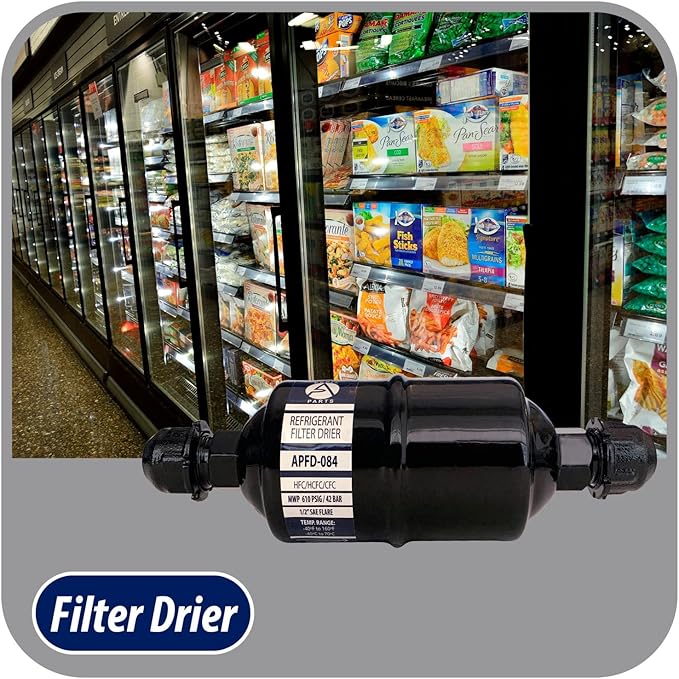 Appli Parts APFD-084 1/2 in Liquid Line Refrigerant AC Filter Drier hvac Refrigeration 084 SAE Flare connection universal unidirectional 6in long 2 in wide