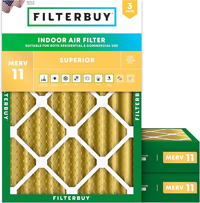 Filterbuy 16x20x4 Air Filter MERV 11 (MPR 1200) Allergen Defense Replacement (3-Pack), Electrostatic Pleated HVAC AC Furnace Filters, Made in USA (Actual Size: 15.50 x 19.50 x 3.63)