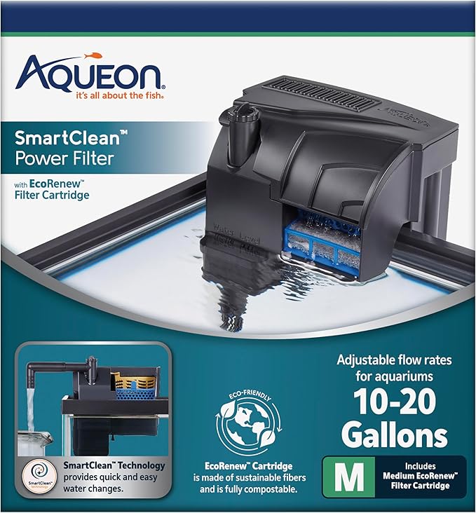 Aqueon SmartClean Power Filter with EcoRenew Filter Cartridge, Quick and Easy Water Changes, Quiet Operation, Adjustable Flow, for 10-20 Gallon Freshwater and Saltwater Aquariums, Medium