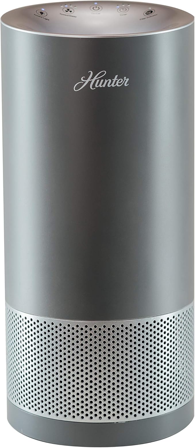 Hunter Fan Company HP400 Round Tower Air Purifier for Small Rooms, Featuring True HEPA Filtration and EcoSilver® Pre-Filter for Allergy and Asthma Relief, Gray and Silver