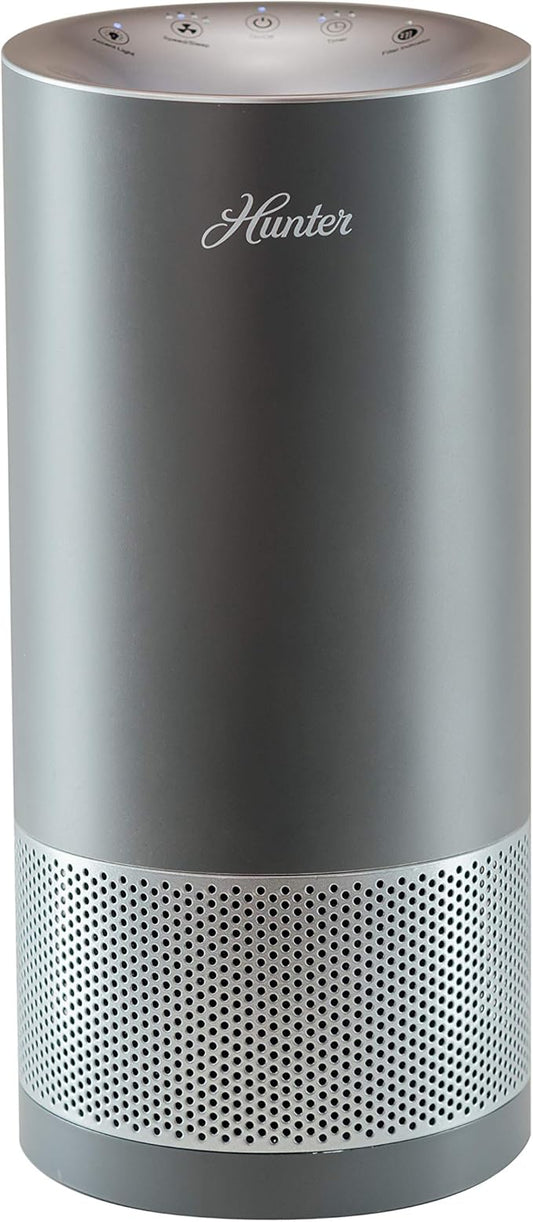Hunter Fan Company HP400 Round Tower Air Purifier for Small Rooms, Featuring True HEPA Filtration and EcoSilver® Pre-Filter for Allergy and Asthma Relief, Gray and Silver