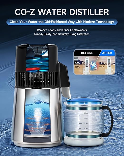 CO-Z Water Distiller for Home, 1350W 4L Distilled Water Machine for CPAP Machine with Control Panel & Glass Container, 1.1 Gal. Stainless Steel Water Distilling Equipment with Essential Oil Wine Modes
