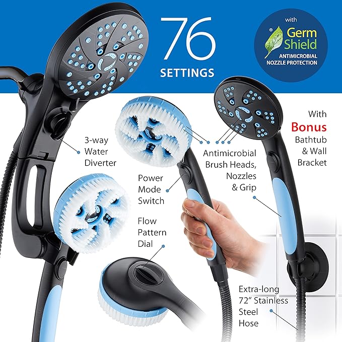 Hotel Spa AquaCare High Pressure 6-in-1 Aquassage 76-mode 3-way Combo, Showerhead, Hand Shower, Body Brush, Hair Brush & Arm in One Two Brackets, Extra-long 6 foot Hose, Brush Head Holder