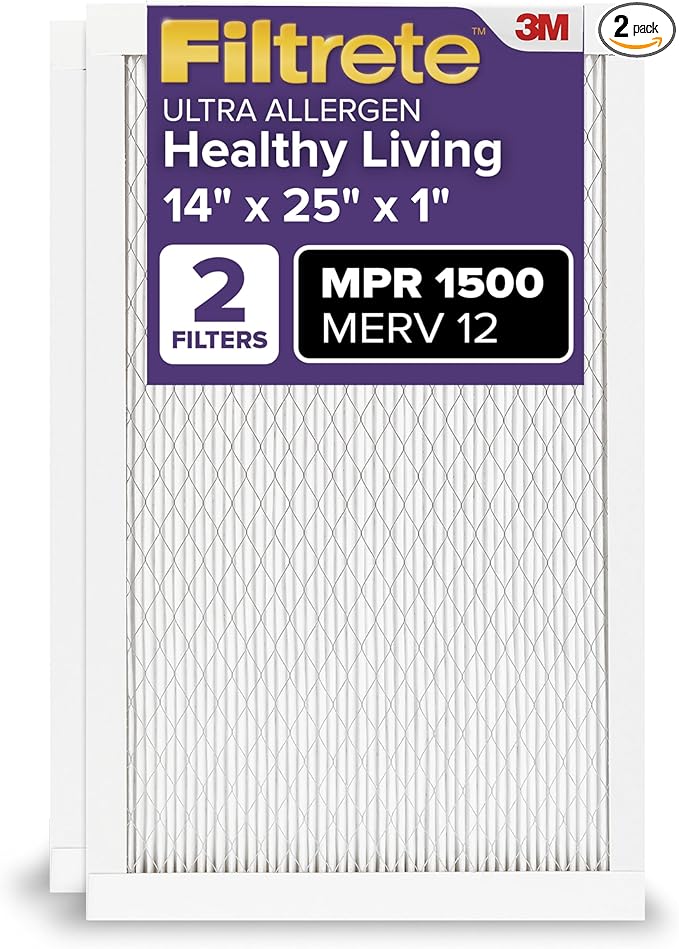 Filtrete 14x25x1 AC Furnace Air Filter, MERV 12, MPR 1500, CERTIFIED asthma & allergy friendly, 3 Month Pleated 1-Inch Electrostatic Air Cleaning Filter, 2-Pack (Actual Size 13.81x24.81x0.78 in)