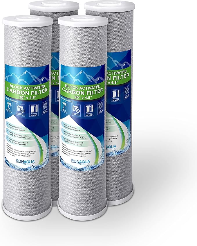 High Capacity Coconut Shell Carbon Block Water Filter 5 Micron Cartridge 4.5" x 20" for Universal Whole House System WELL-MATCHED with CB-45-2005, FC25B, FLTWH2045C02 and PRL-RCL (4 Pack)