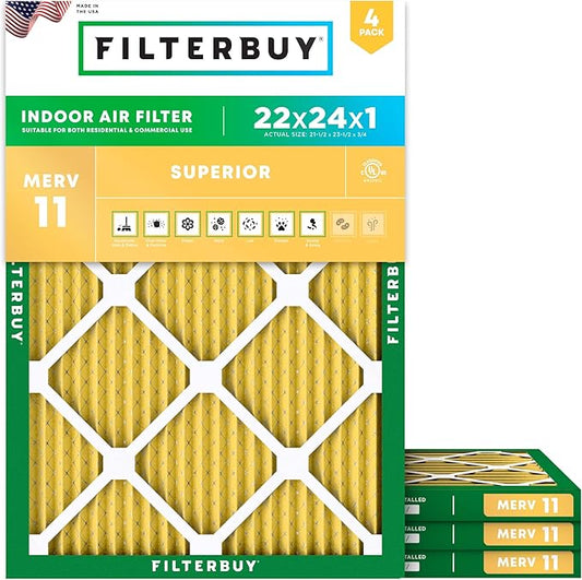 Filterbuy 22x24x1 Air Filter MERV 11 (MPR 1200) Allergen Defense Replacement (4-Pack), Electrostatic Pleated HVAC AC Furnace Filters, Made in USA (Actual Size: 21.50 x 23.50 x 0.75)