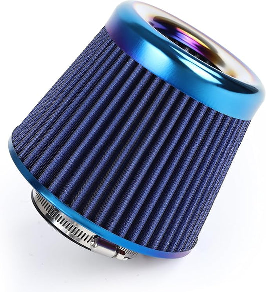 Universal Cold Air Intake Filter Clamp-On Replacement Air Filter Flange Diameter 3 inches/76mm High Performance Washable Filter Blue