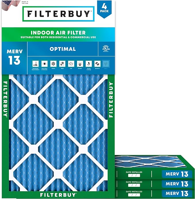 Filterbuy 10x25x1 Air Filter MERV 13 (MPR 1900) Health Defense Replacement (4-Pack), Electrostatic Pleated HVAC AC Furnace Filters, Made in USA (Actual Size: 9.75 x 24.75 x 0.75)
