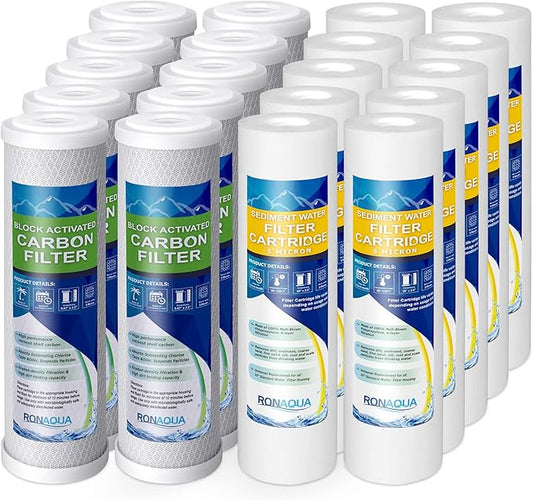 10 Standard Coconut Shell Block Carbon & 10 Four Layers of Filtration Polypropylene Sediment 5 Micron 2.5"x 10" Water Filter Cartridges Universal replacement for Reverse Osmosis & Standard 10” Housing