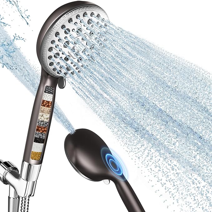 Filtered Shower Head with Handheld,7 Spray Settings High Pressure Showerhead Built in Power Wash to Clean Tub, Tile & Pet, Showerhead with Filters for Hard Water - Remove Chlorine, (Gray)