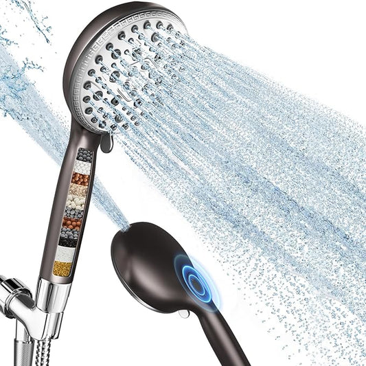 Filtered Shower Head with Handheld,7 Spray Settings High Pressure Showerhead Built in Power Wash to Clean Tub, Tile & Pet, Showerhead with Filters for Hard Water - Remove Chlorine, (Gray)