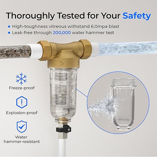 Waterdrop Spin Down Sediment Filter, Backwash Whole House Water Filter System for City/Well Water, 100 Micron+500 Micron, 1" MNPT + 3/4" FNPT + 3/4" MNPT, Traps Sand, BPA Free