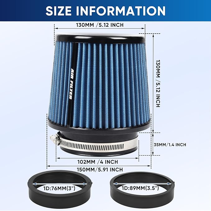 4 Inches Cold Air Intake Filter 3" or 3.5" or 4" High Performance Washable Clamp-On Replacement Cone Air Filter 3 in 1 Size Blue