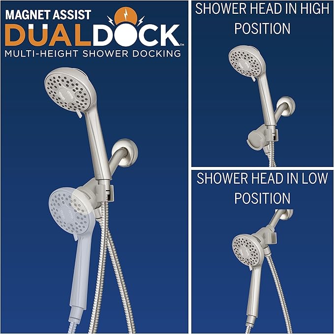 Waterpik Magnetic Dual Dock Adjustable Height Hand Held Shower Head With 5-Foot Metal Hose and PowerPulse Shower Massage, Brushed Nickel QMK-759ME