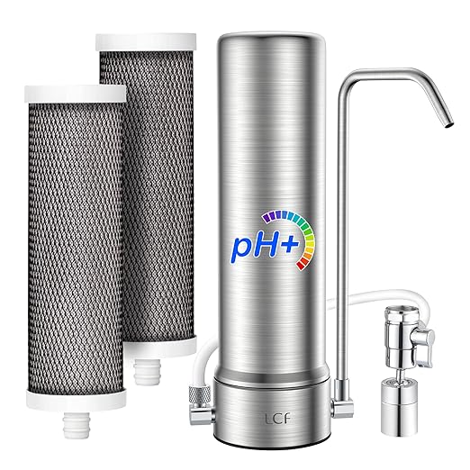 LCF Alkaline Countertop Water Filter, 𝐒𝐢𝐥𝐯𝐞𝐫 𝐈𝐨𝐧𝐬 Enhanced 6-Stage Stainless Steel Water Filter for Sink Faucet, Reduces Heavy Metals, Bad Taste & 99% Chlorine, 16,000 Gallons(2 Filters)
