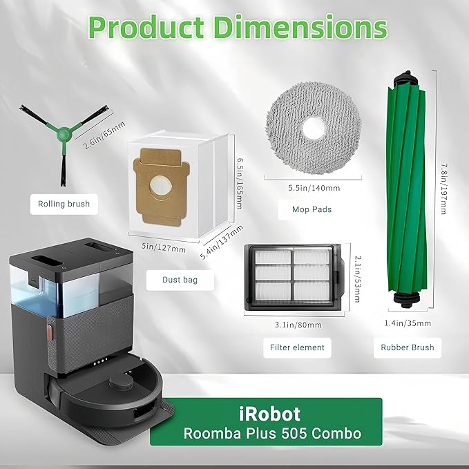 Replacement Parts Compatible with iRobot Roomba Plus 405 Combo/ 505 Combo Robot Vacuum, 1 Rubber Brush 6 Mop Cloth 4 Dust Bag 3 Filter 6 Side Brushes