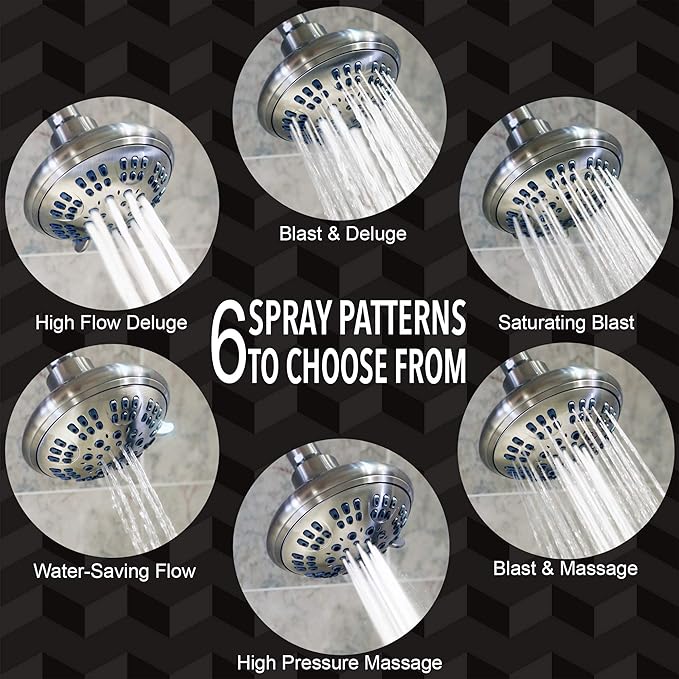 6 Function Adjustable Luxury Shower Head - High Pressure Boosting, Wall Mount, Bathroom Showerhead For Low Flow Showers, 2.5 GPM - Brushed Nickel