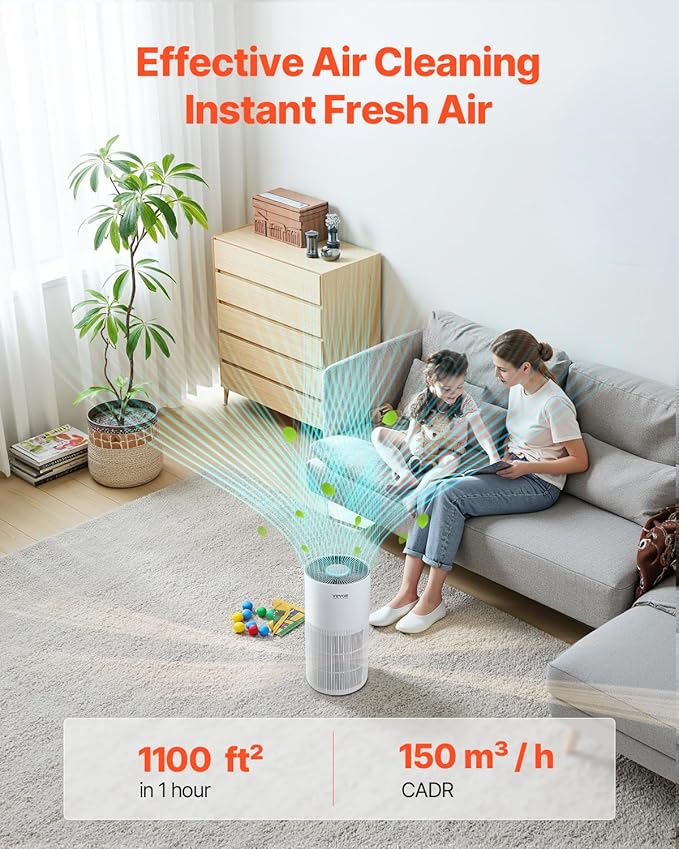 VEVOR Air Purifier for Bedroom Home, H11 HEPA Layer, 1100 ft²/h Smart Air Purifier with Speed Control & Child Lock Guard, Efficient Air Cleaner with Convenient Touch Panel & 25 dB Sleep Mode