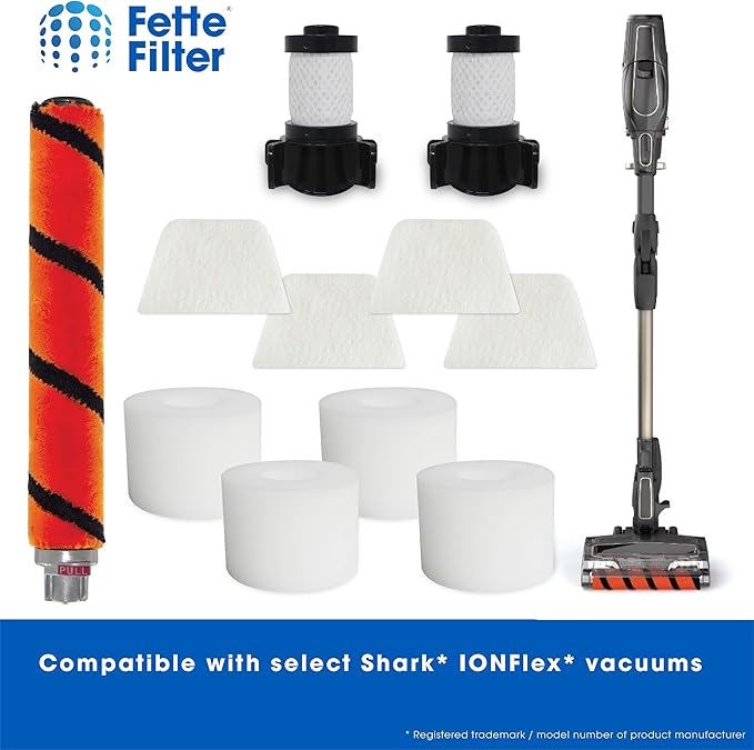 Fette Filter -Replacement Kit Compatible with Select Shark ION Flex DuoClean (Combo Pack - 1 Soft Brush Roll, 2 Foam & Felt Filter Kit, 2 Post-Motor Filter)