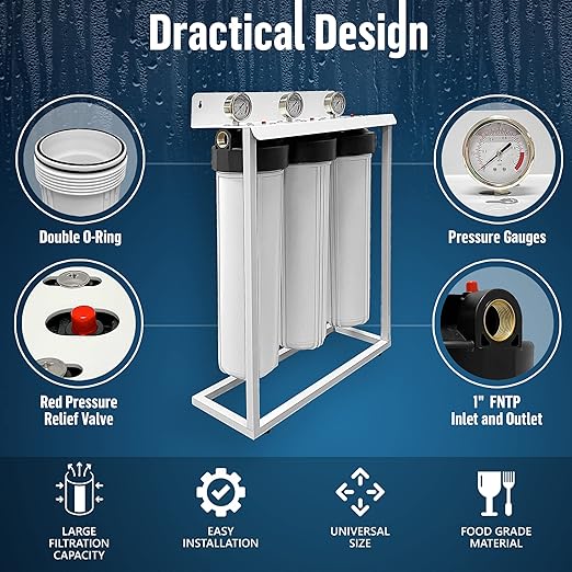 3 Stage High Capacity 20” White Whole House Water Filter System, Freestanding Steel Frame, Sediment, GAC+KDF & Carbon Cartridges, Presser Relief Button, 1” Brass Port, Pressure Gauges, Double O-Ring