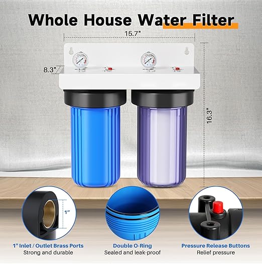 PUREPLUS 2-Stage Whole House Water Filtration System, 10" Universal Clear Housing, with Sediment, Carbon Block Filter, Reduce Chlorine, Taste, Odor, Includes Pressure Gauges, 1" Inlet/Outlet