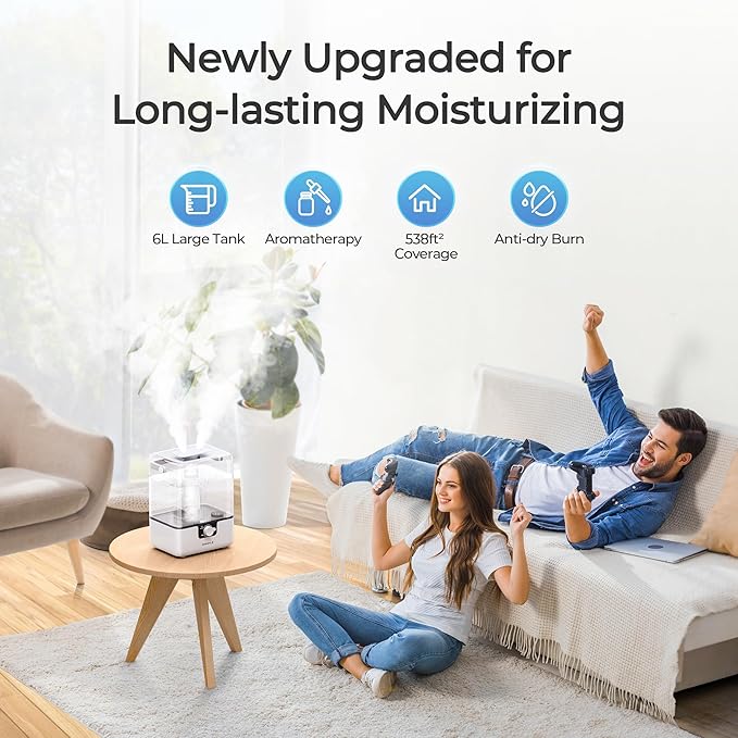 CHIVALZ Humidifiers for Bedroom, 6L Cool Mist Humidifiers for Baby Nursery, 26dB Quiet, 50H Runtime, Top Fill Humidifier for Large Room, Home, Plants, Nightlight, Oil Diffuser 1 Pack White